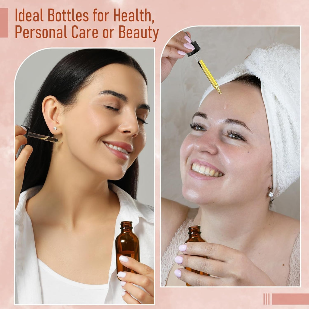 4 Pack, 2 oz Bottles with Dropper & 1 Funnel & 4 Labels - Essential Oils Bottles for Health, Personal Care & Beauty - 60ml Thick Dark Amber Glass Tincture Bottles, Refillable Cosmetic Containers