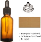 4 Pack, 1 oz Thick Dark Amber Glass Dropper Bottles with 1 Funnels & 4 Labels - 30ml Tincture Bottles with Eye Dropper - Leakproof Essential Oils Bottle - Storage and Travel for Beauty or Health