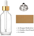 4 Pcs, 1 oz Golden Cap Clear Dropper Bottles (30ml) with 1 Funnel & 4 Labels - Glass Tincture Bottles with Eye Droppers - Leakproof Essential Oil Bottles for Health, Personal Care & Beauty