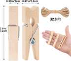 Wooden Clips with String, 50Pcs 2.9Inch Large Clothes Pins, Natural Brown Photo Hanging Clip, Wooden Decoration Clips for DIY Crafts, Storage Bags, Cheer Pins, Hanging Clothes