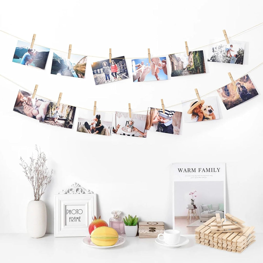 Wooden Clips with String, 50Pcs 2.9Inch Large Clothes Pins, Natural Brown Photo Hanging Clip, Wooden Decoration Clips for DIY Crafts, Storage Bags, Cheer Pins, Hanging Clothes