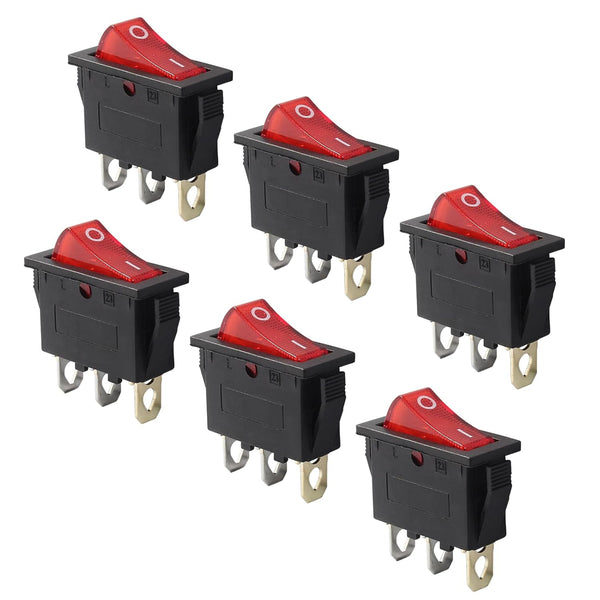 6 Pcs 2 Position 3 Pin SPST Boat Rocker On/Off Switch (Red Light)