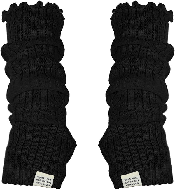 Black Arm Warmers Women Winter Long Black Cotton Fingerless Gloves Knit Mitten Elbow Length Gloves with Thumb Hole, Warm and Comfortable (Cotton)