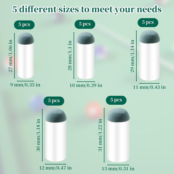 25PCS Slip On Pool Cue Sitck Tips Replacement Kit - 9mm 10mm 11mm 12mm 13mm