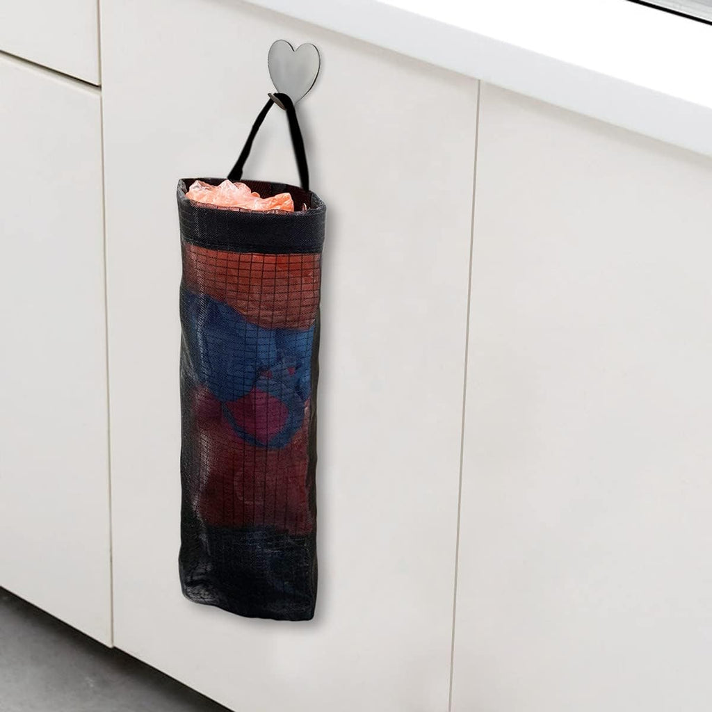 2 Pcs Plastic Bag Holder Trash Bags Storage Dispenser Organizer for Home Kitchen Mesh Hanging Dispensers Recycling Garbage Folding Grocery with Hooks (Black)