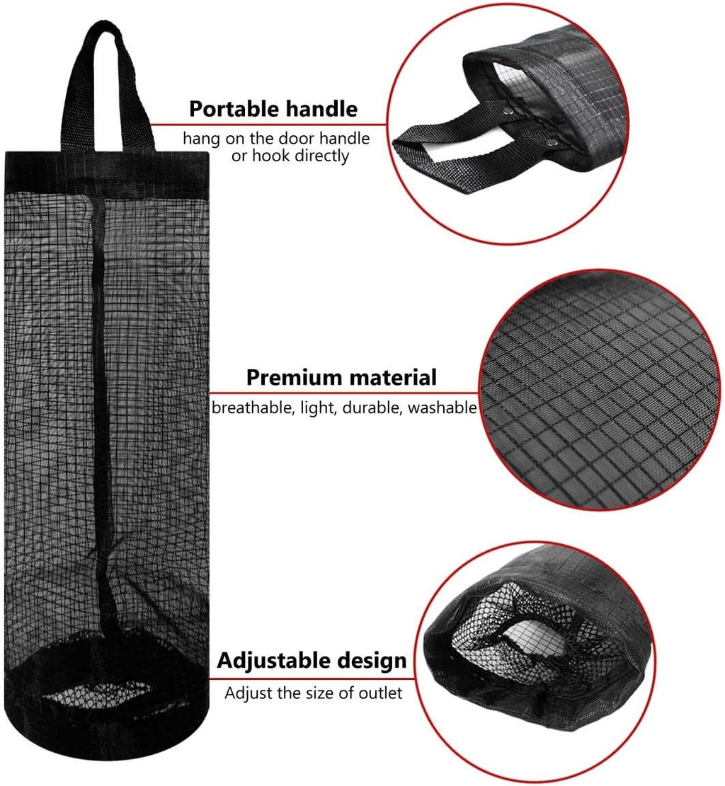 2 Pcs Plastic Bag Holder Trash Bags Storage Dispenser Organizer for Home Kitchen Mesh Hanging Dispensers Recycling Garbage Folding Grocery with Hooks (Black)