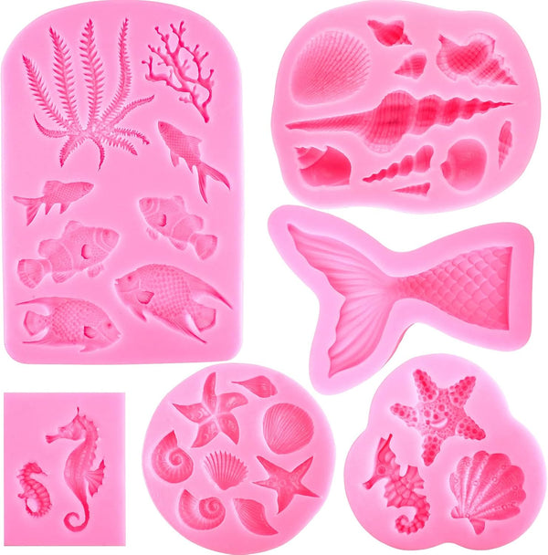 Mermaid Silicone Mold Marine Fondant Cake Mold 6 Pieces Mermaid Tail Chocolate Candy Soap Resin Polymer Clay Mold Seashell Seaweed Seahorse Sea Turtle Silicone Baking Mold
