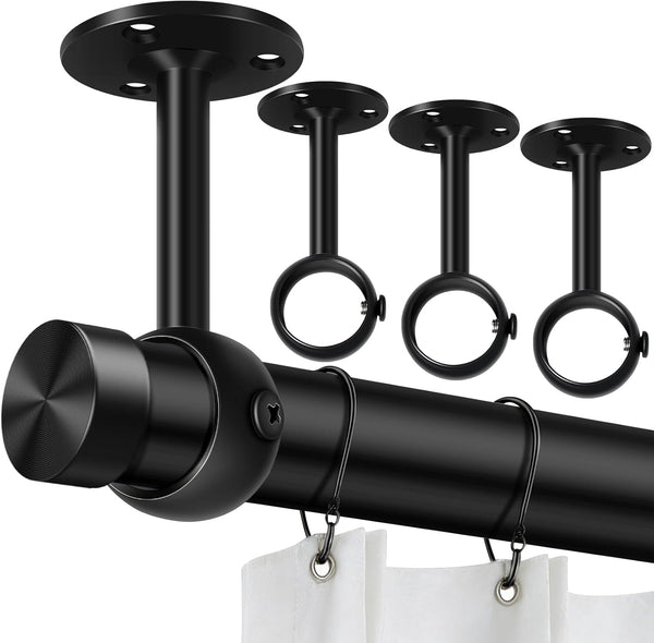 Curtain Rod Brackets, Ceiling Heavy Duty Holders, Black 4 Pack Hooks Hangers for 1 1/4-Inch Drape Poles