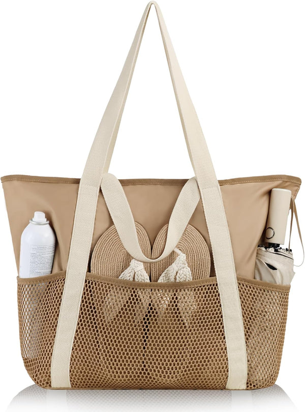 Beach Bag Large Waterproof Sandproof Tote for Women with Zipper and Mesh Pockets