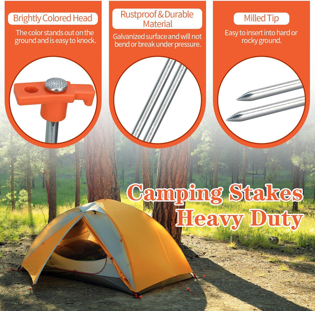 10 Pack 10in Heavy Duty Tent Stakes and Hammer Set, with Storage Pouch, for Outdoor Camping Tent, Tarp, Canopy, Picnic, Shade