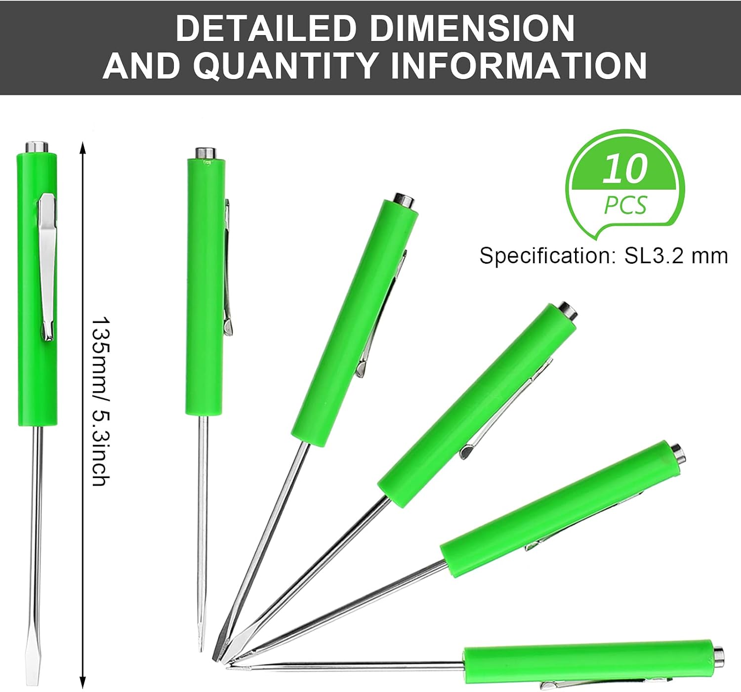 10 Pieces Pocket Screwdriver Mini Tops and Pocket Clips Magnetic Slotted Small Screw Driver with a Single Blade Head for Mechanical, Electrician(Green)