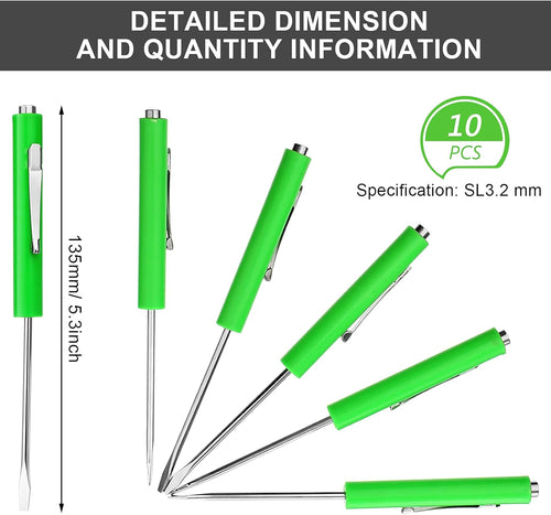 10 Pieces Pocket Screwdriver Mini Tops and Pocket Clips Magnetic Slotted Small Screw Driver with a Single Blade Head for Mechanical, Electrician(Green)