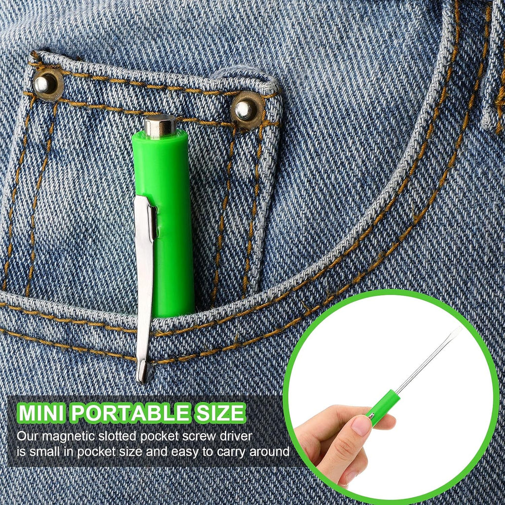 10 Pieces Pocket Screwdriver Mini Tops and Pocket Clips Magnetic Slotted Small Screw Driver with a Single Blade Head for Mechanical, Electrician(Green)