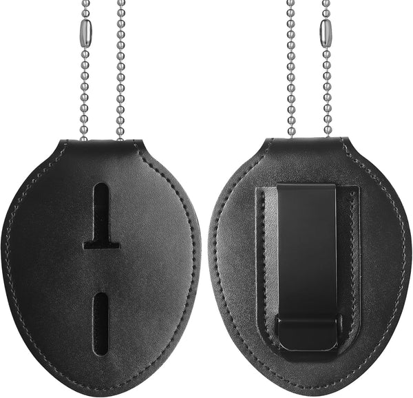 Police Badge Holder, Cowhide Law Enforcement Badge Holder with Metal Belt Clip & Stainless Steel Bead Chain, Universal Oval Leather, Hook and Loop Sheriff ID Carrier, Black