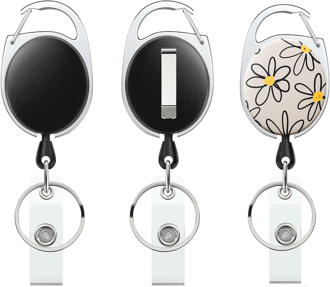 3 Pack Retractable Badge Reel for Badge Holder Heavy Duty Retractable Keychain Strong ABS Casing with Stainless Steel Spring Coil 24 Inch Nylon Rope Carabiner Clip and Key Ring