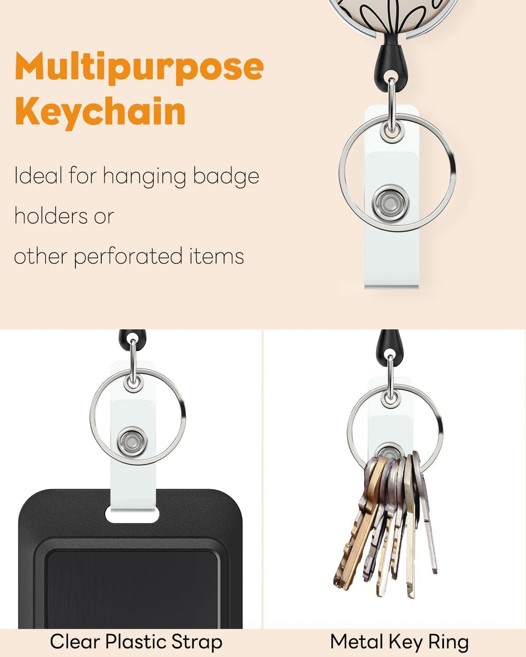 3 Pack Retractable Badge Reel for Badge Holder Heavy Duty Retractable Keychain Strong ABS Casing with Stainless Steel Spring Coil 24 Inch Nylon Rope Carabiner Clip and Key Ring