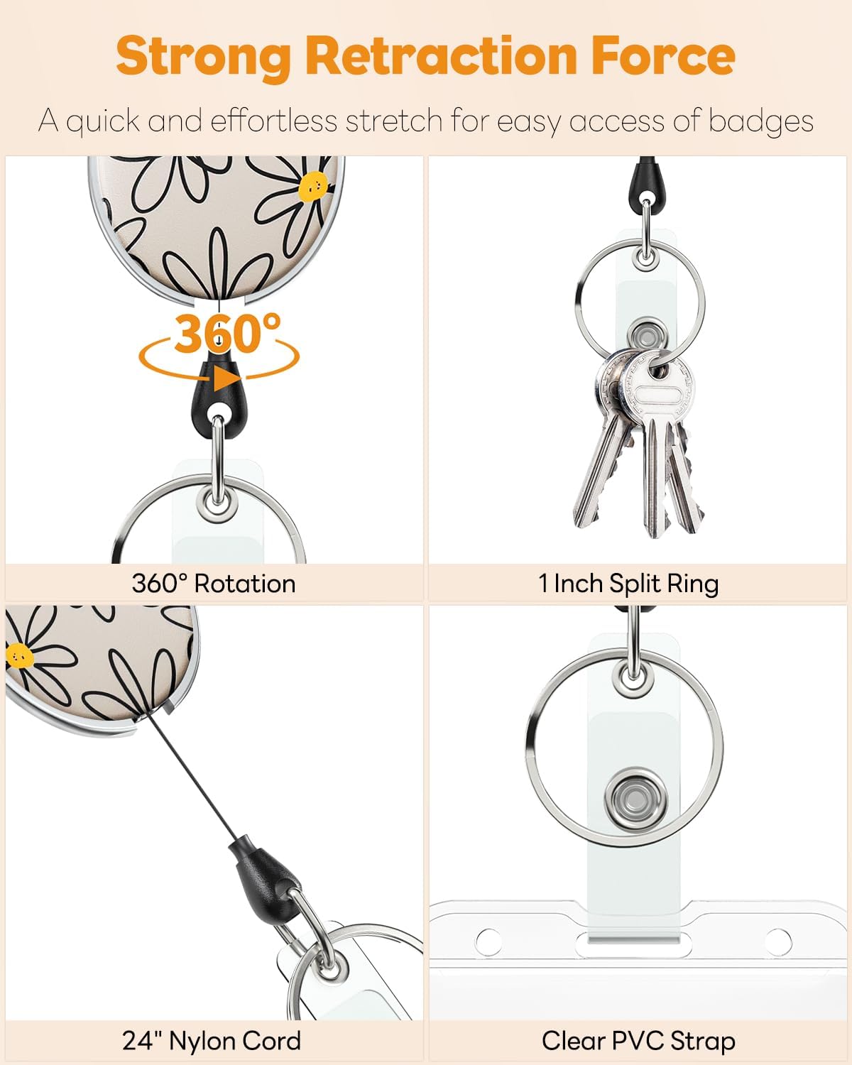 3 Pack Retractable Badge Reel for Badge Holder Heavy Duty Retractable Keychain Strong ABS Casing with Stainless Steel Spring Coil 24 Inch Nylon Rope Carabiner Clip and Key Ring