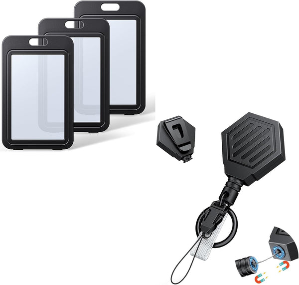 Heavy Duty Retractable Keychain with Magnetic Closure Retractable Badge Reel for up to 16 oz with 3 Pack ID Badge Holder with Double-Sided Windows Vertical Hard Plastic Case