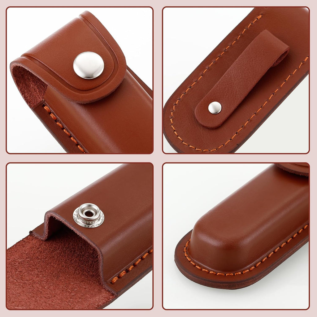 Pocket Knife Sheath, 4" Folding Pocket EDC Knife Case, Portable Pouch Knife Leather Holster with Snap Closure and Belt Loop, Accessory for Outdoor Climbing, Camping, Cycling and Hiking, Brown