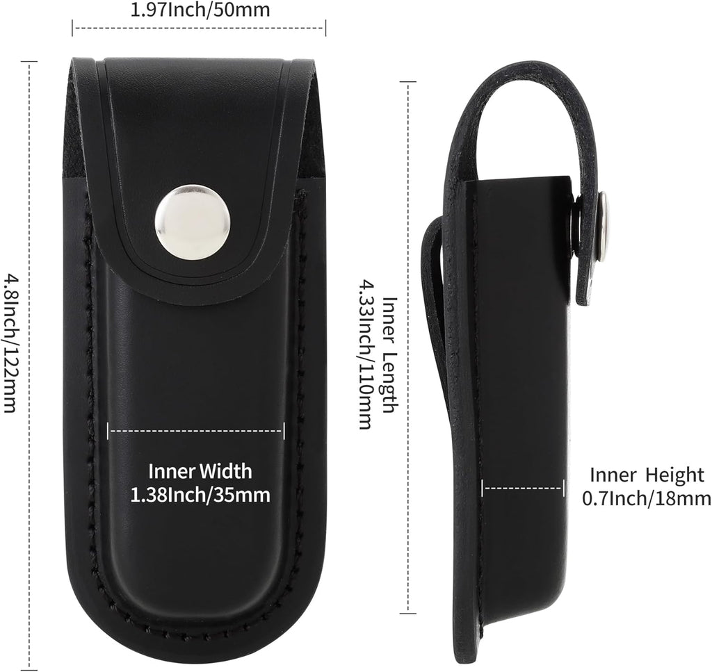 Pocket Knife Sheath, 4" Folding Pocket EDC Knife Case, Portable Pouch Knife Leather Holster with Snap Closure and Belt Loop, Accessory for Outdoor Climbing, Camping, Cycling and Hiking, Black