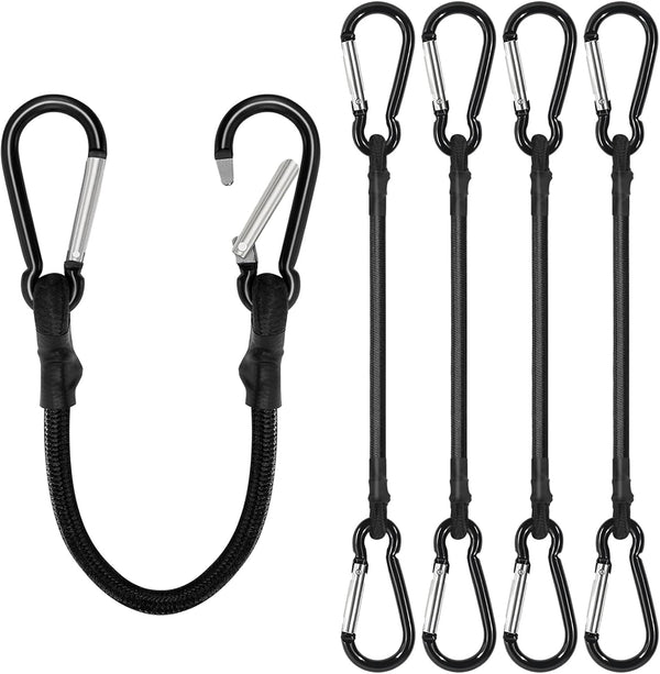 4 Pack Bungee Cords with Carabiner Outdoor Climbing Bounce Rope Elastic Tie Down Straps with Hooks Mini Short Bungee Straps Dual-Hook Design for Tents Cargo Kayak Boat Luggage (Black-12)