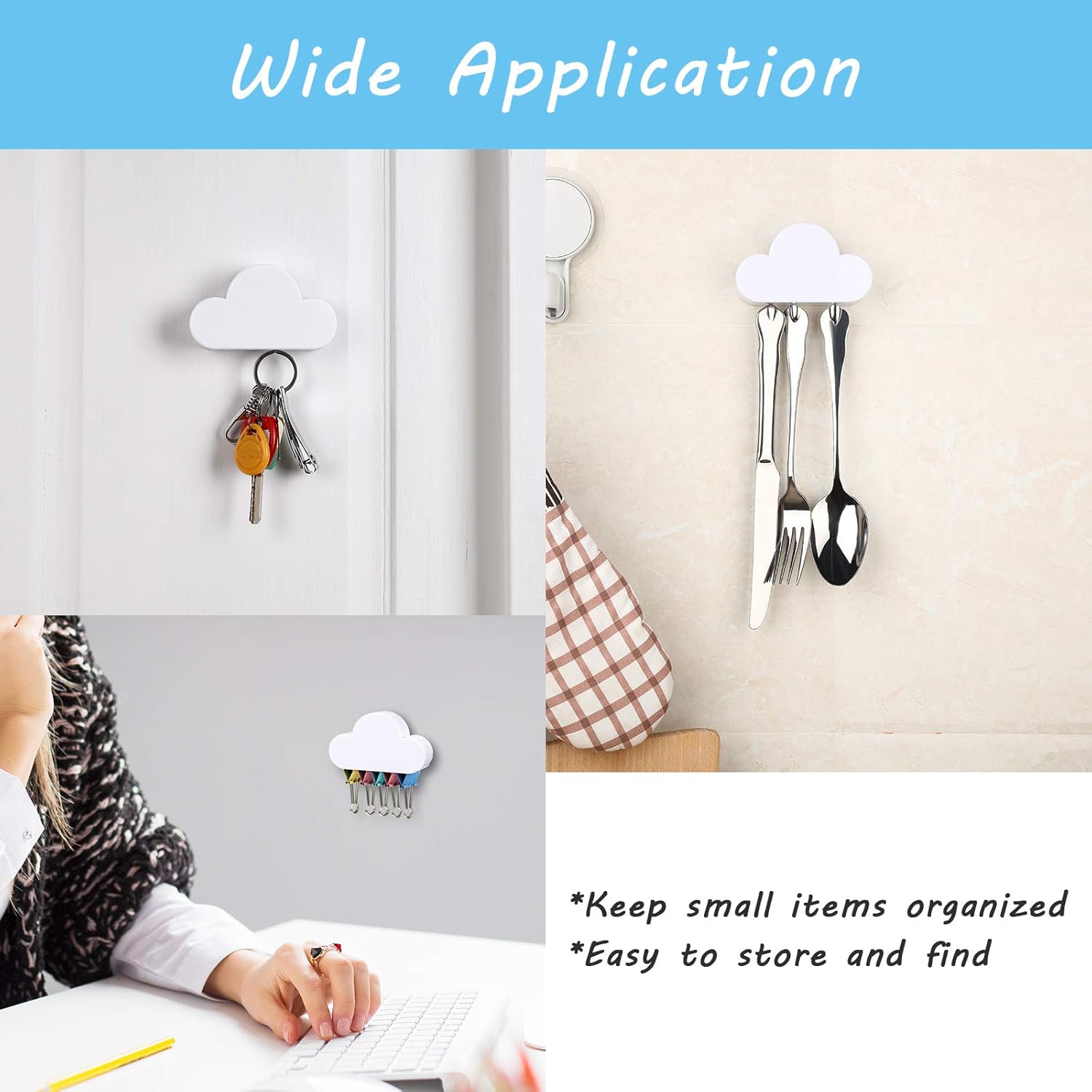 4 Pieces Cloud Magnetic Key Holder for Wall Key Rack Organizer Keychains Hooks with Adhesive for Door(White)