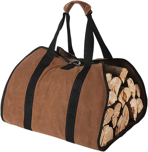 Firewood Carrier, 38in x 18in 16oz Waxed Canvas Log Carrier for Firewood, Wood Carrying Bag with Handles Securing Straps for Indoors Camping Trip, Gifts for Men Dad Husband (Brown)