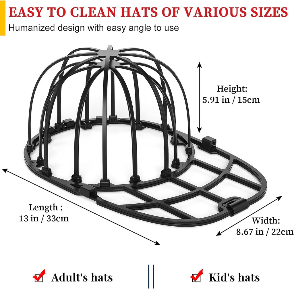 Hat Washer Cage for Washing Machine & Dishwasher- Ball Cap Washer for Baseball Caps & Hats, Baseball Cap Cleaner and Shaper, Fits Adult/Kids Caps (Black)