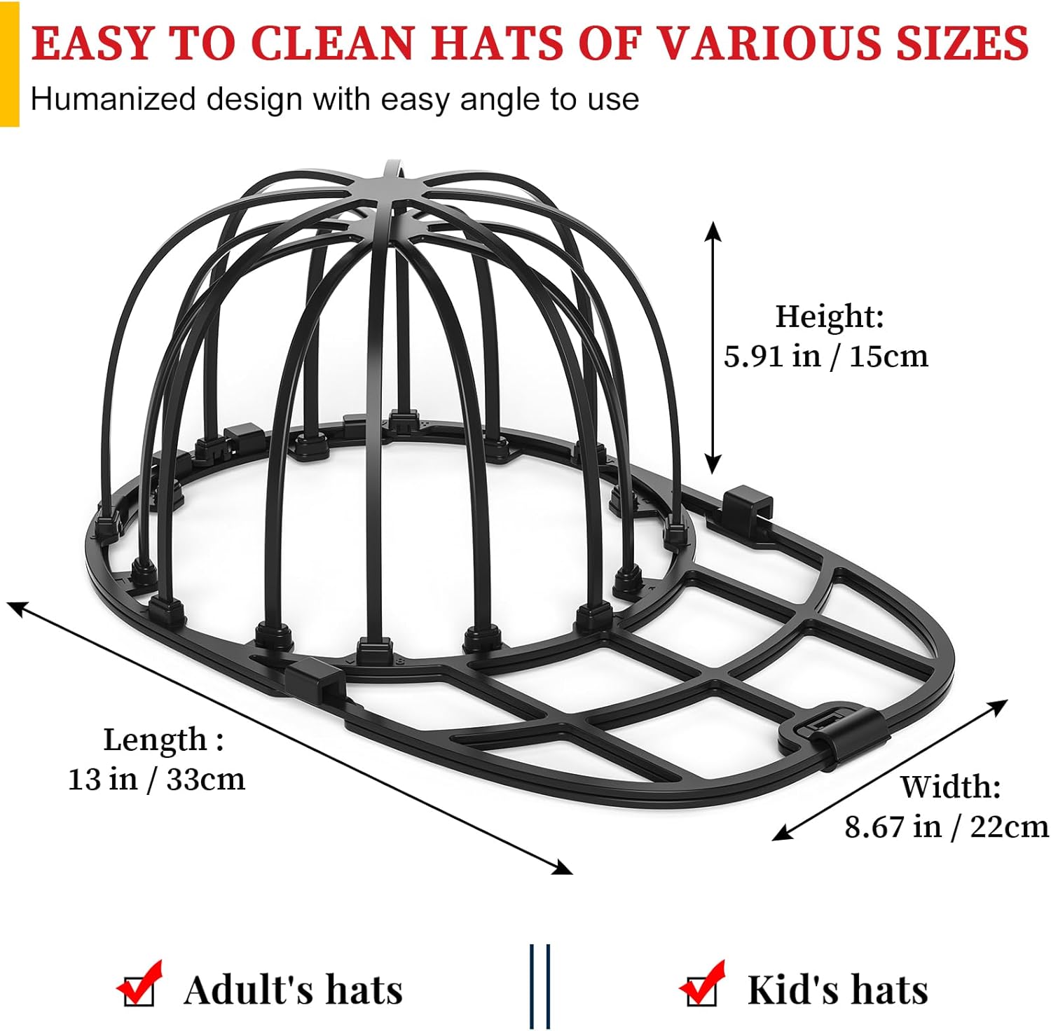 Hat Washer Cage for Washing Machine & Dishwasher- Ball Cap Washer for Baseball Caps & Hats, Baseball Cap Cleaner and Shaper, Fits Adult/Kids Caps (Black)