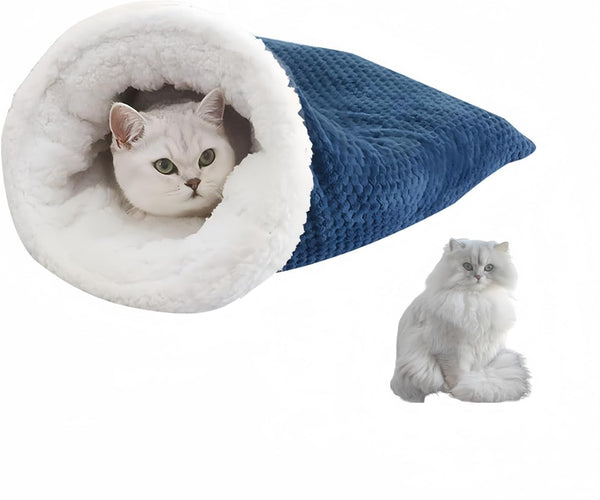 Cat Sleeping Bag Nest - Half-Closed Design - Plush & Fleece - Warm - Navy Blue - 1 Piece