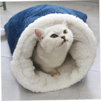 Cat Sleeping Bag Nest - Half-Closed Design - Plush & Fleece - Warm - Navy Blue - 1 Piece