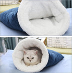 Cat Sleeping Bag Nest - Half-Closed Design - Plush & Fleece - Warm - Navy Blue - 1 Piece