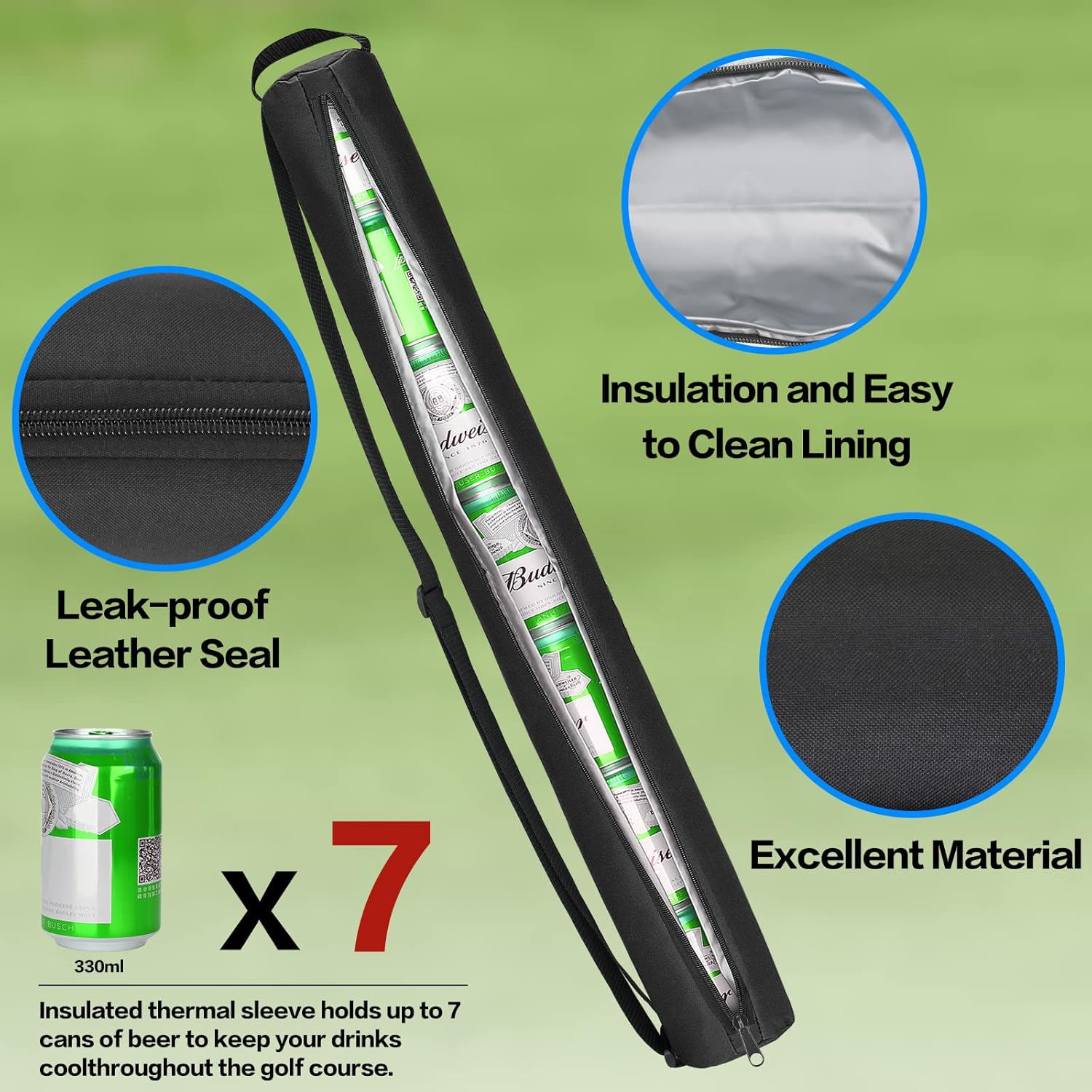 Universal Body Type Black Beer Can Warmer Sleeve for 7 Cans Golf Ball and Bag Warmer
