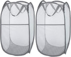 2 Pack Foldable Mesh Laundry Baskets with Reinforced Handles Grey Portable for Home Travel Student Use