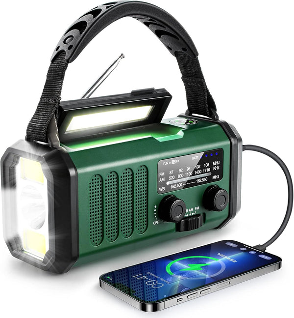 10000mAh Solar Powered Emergency Radio & Power Bank All-in-1 Survival Device with Hand Crank NOAA Alert Powerful Flashlight for Outdoor Camping and Emergency Use