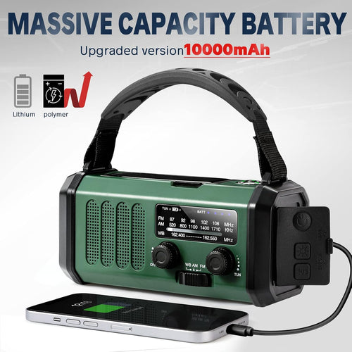 10000mAh Solar Powered Emergency Radio & Power Bank All-in-1 Survival Device with Hand Crank NOAA Alert Powerful Flashlight for Outdoor Camping and Emergency Use