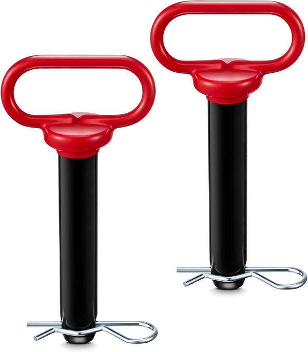 2 Pack 1 x 4-3/4 Inch Carbon Steel Clevis Hitch Pin with 3.35 Inch R Clip and Red Rubber-Coated Handle, Black Powder Coated for Ball Mounts/ATV/Hitch Accessories