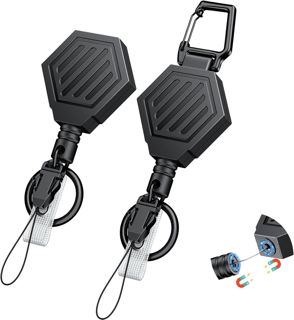 2 Pack Heavy Duty Retractable Keychain with Magnetic Closure Retractable Badge Reel for up to 16 oz Magnetic ID Badge Holder Reel ABS Casing Belt Clip and Large Carabiner Ring