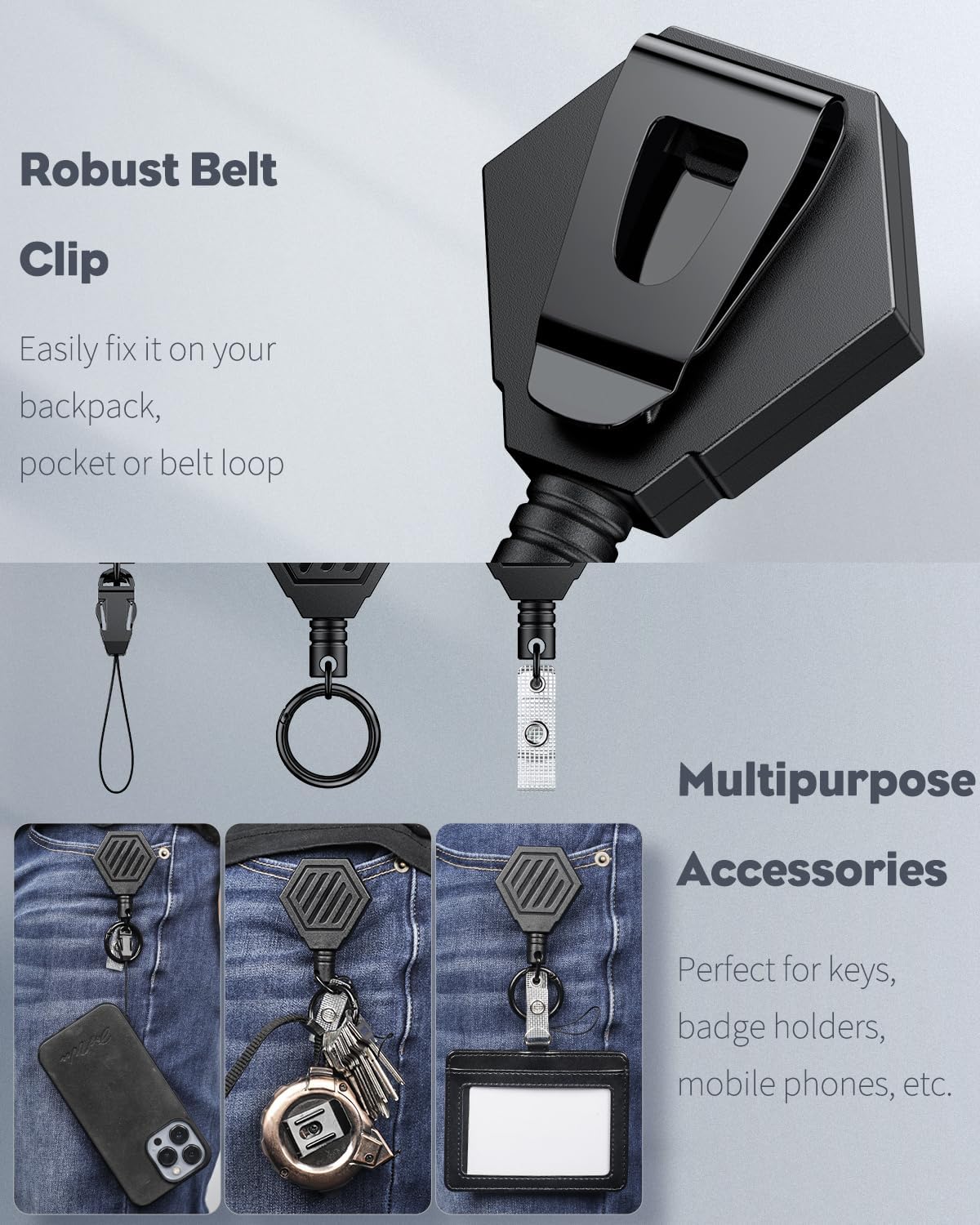 2 Pack Heavy Duty Retractable Keychain with Magnetic Closure Retractable Badge Reel for up to 16 oz Magnetic ID Badge Holder Reel ABS Casing Belt Clip and Large Carabiner Ring