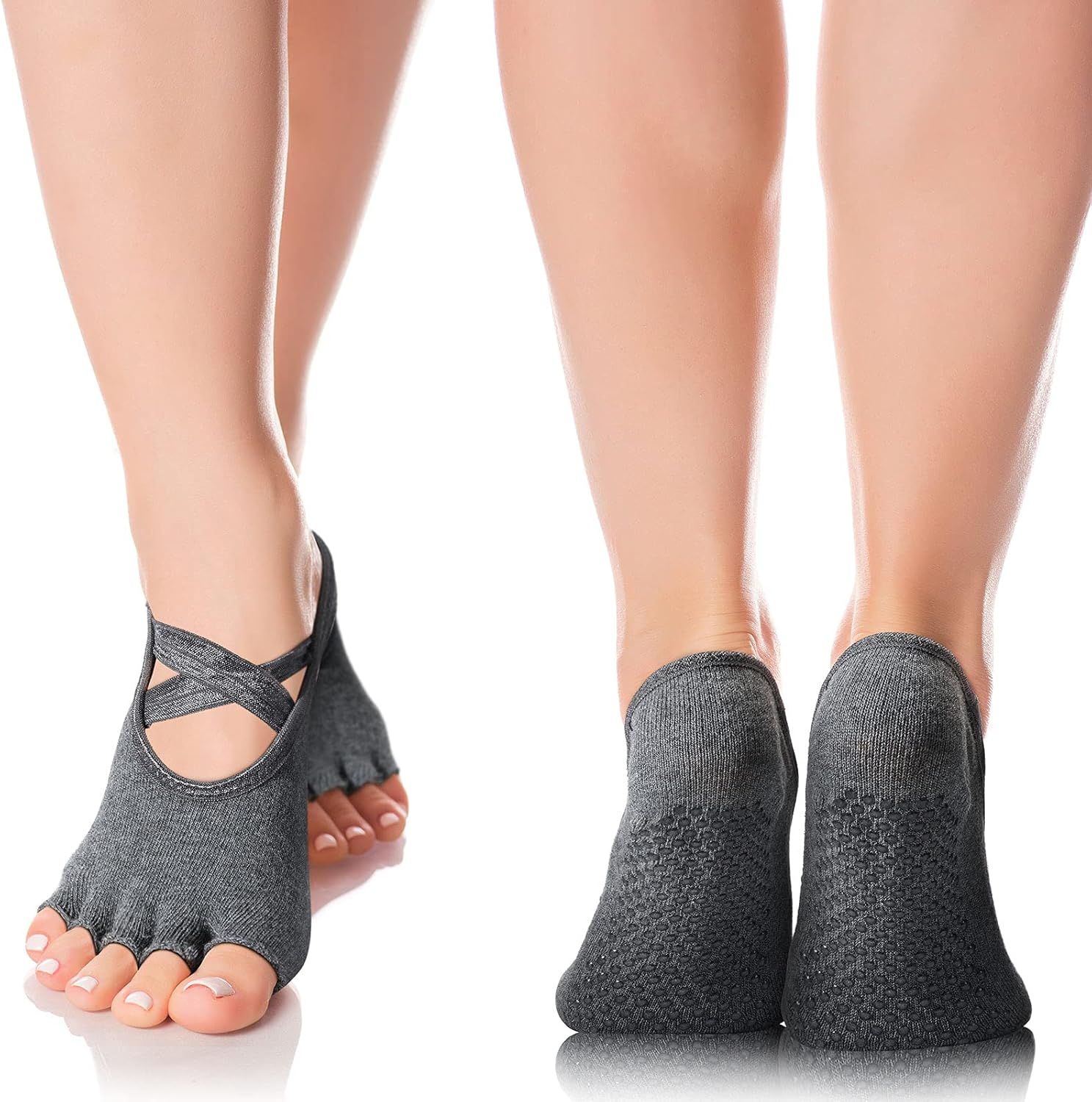 6 Pairs Pilates Socks with Grip for Women Non Slip Yoga Socks Toeless Barre Sticky with Straps Multicolor for Ballet Dance Barefoot Workout