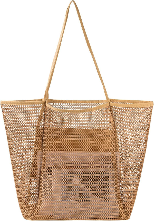 Mesh Beach Bag, Beach Bags for Women, Woven Straw Beach Tote Bag Waterproof with Inner Pocket, Packable Beach Bag