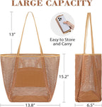Mesh Beach Bag, Beach Bags for Women, Woven Straw Beach Tote Bag Waterproof with Inner Pocket, Packable Beach Bag