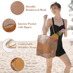 Mesh Beach Bag, Beach Bags for Women, Woven Straw Beach Tote Bag Waterproof with Inner Pocket, Packable Beach Bag