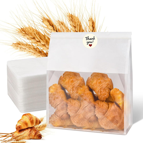60pcs Bakery Bags with Thank You Stickers,11x8.6x4 inches Sourdough Bread Bags with Tin Tie Tab Lock Smoother Paper Bakery Bags with Clear Window for Homemade Bread, Baked Food Packaging Storage