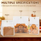 60pcs Bakery Bags with Thank You Stickers,11x8.6x4 inches Sourdough Bread Bags with Tin Tie Tab Lock Smoother Paper Bakery Bags with Clear Window for Homemade Bread, Baked Food Packaging Storage