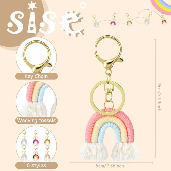 Landhoow 6 Pcs Boho Rainbow Keychains Bulk Women Macrame Rainbow Key Chains Mini Tassel Keychains Car Keyrings Holder(Pastel Color)