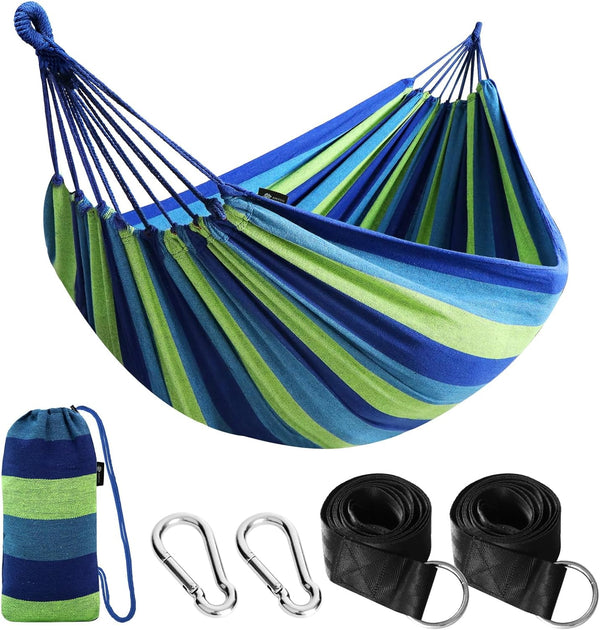 Cotton Hammock Portable Camping Hammocks for Hanging Sturdy Garden Comfortable Fabric Hammock with Tree Straps Up to 660lbs with Travel Bag for Camping Outdoor/Indoor Patio Backyard