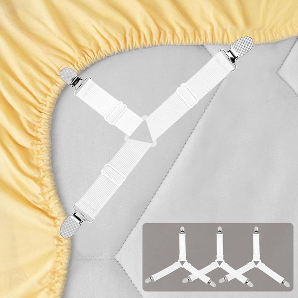 4pcs Bed Sheet Straps Holders, Adjustable Non Slip Elastic Bedsheet Grippers Triangle Mattress Suspenders, Keep in Place Fitted Bed Sheet Holders for Corners, Sofa Cushion, Mattress Cover Straps White