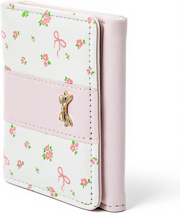 Pink Wallet for Women Floral Coquette Small Bow Wallet Cute Bifold Zipper Purse Aesthetic Credit Card Holder Purse Mini Kawaii Coin Purse with ID Window