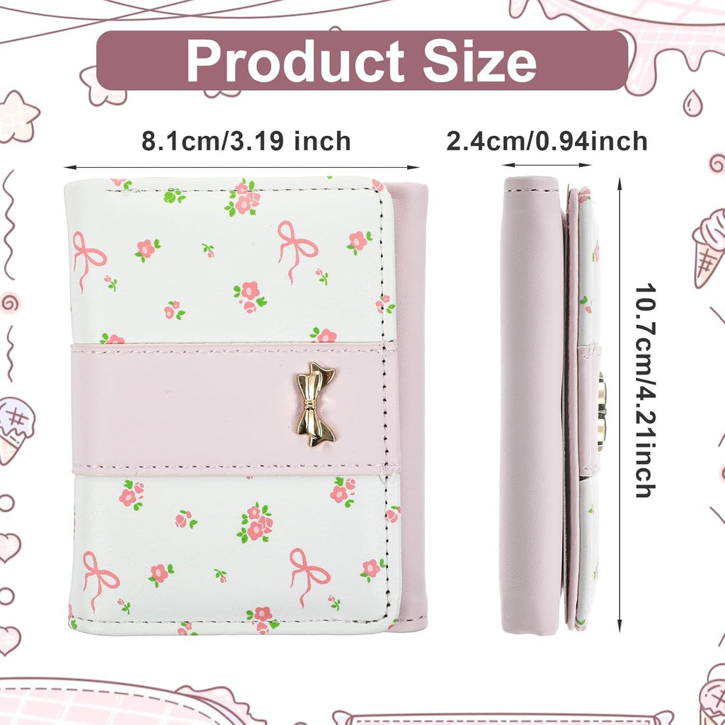 Pink Wallet for Women Floral Coquette Small Bow Wallet Cute Bifold Zipper Purse Aesthetic Credit Card Holder Purse Mini Kawaii Coin Purse with ID Window